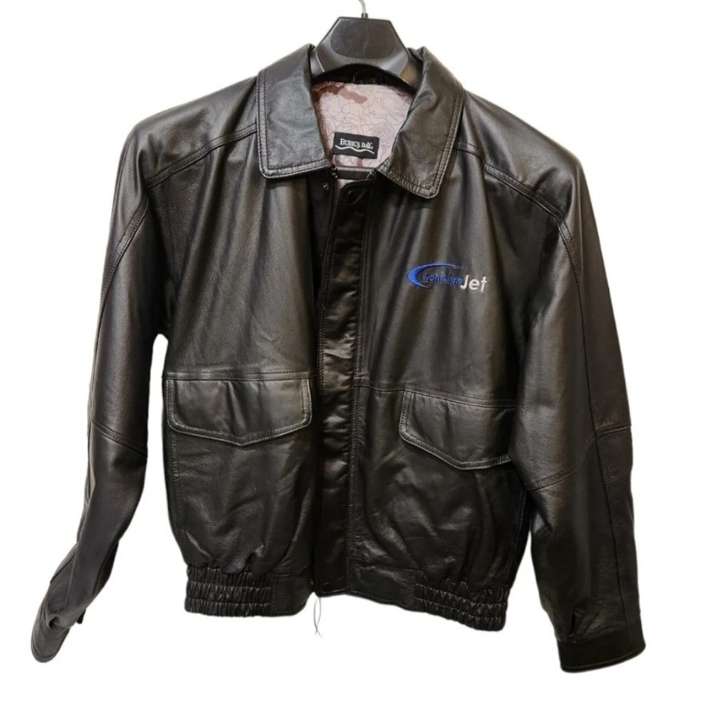 Burks Bay Black Leather Bomber Jacket with Map Liner Embossed Worldwide Jet Lg